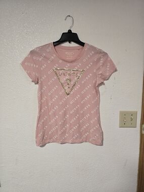 GUESS Women's Pink Logo Tee with Gold Triangle Accent